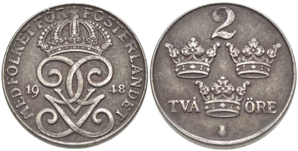 Швеция 2 эре 1948 Густав V (1907-1950) KM 811 железо 119-1034