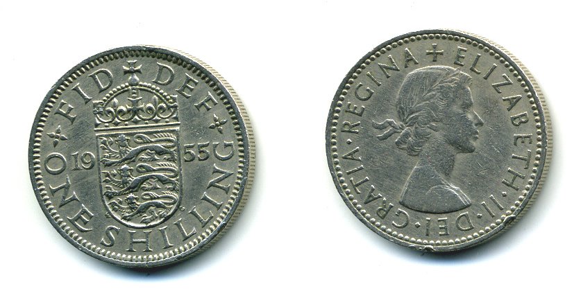 Великобритания 1 шиллинг 1955 Елизавета II (1952-2022), Английский герб KM 904, Spink 4147 медно-никель 60-234