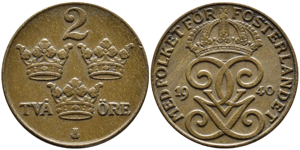 Швеция 2 эре 1940 Густав V (1907-1950) KM 778 бронза 4382-1022