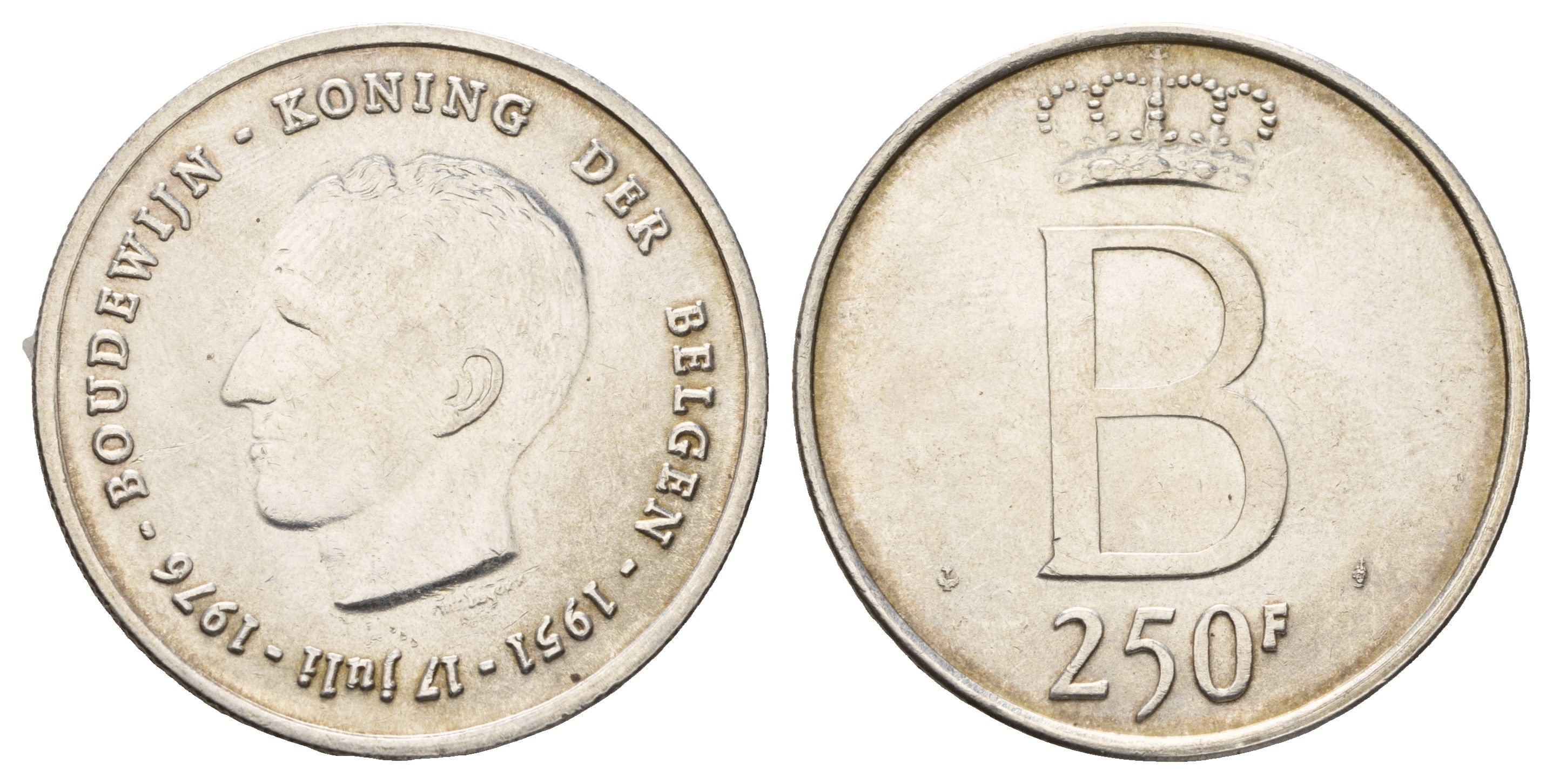 Бельгия 250 франков 1976 25 лет правления Бодуэна I, der Belgen KM 158 серебро 1519-1322