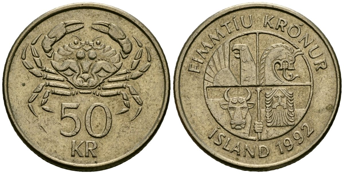 Исландия 50 крон 1992 KM 31 никель латунь 4172-525