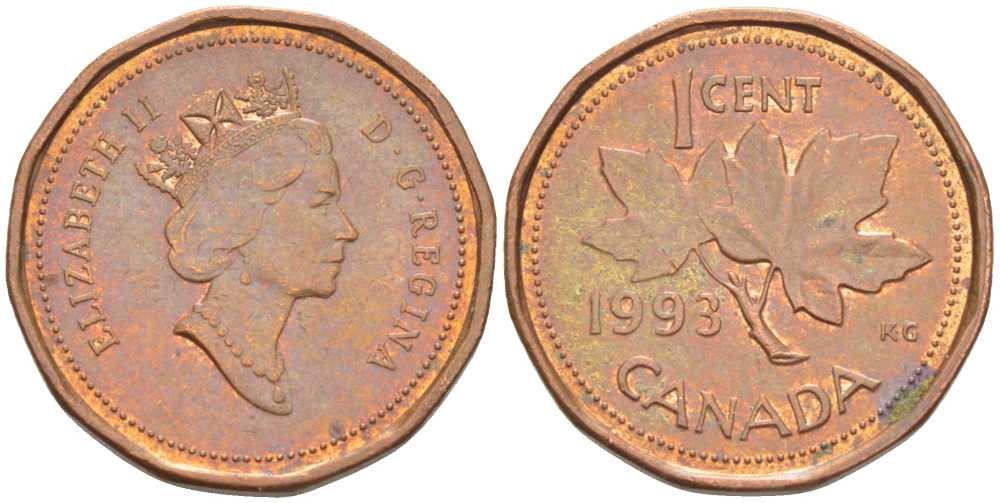 Канада 1 цент 1993 Елизавета II (1952-2022), кленовый лист KM 181 бронза 4392-722