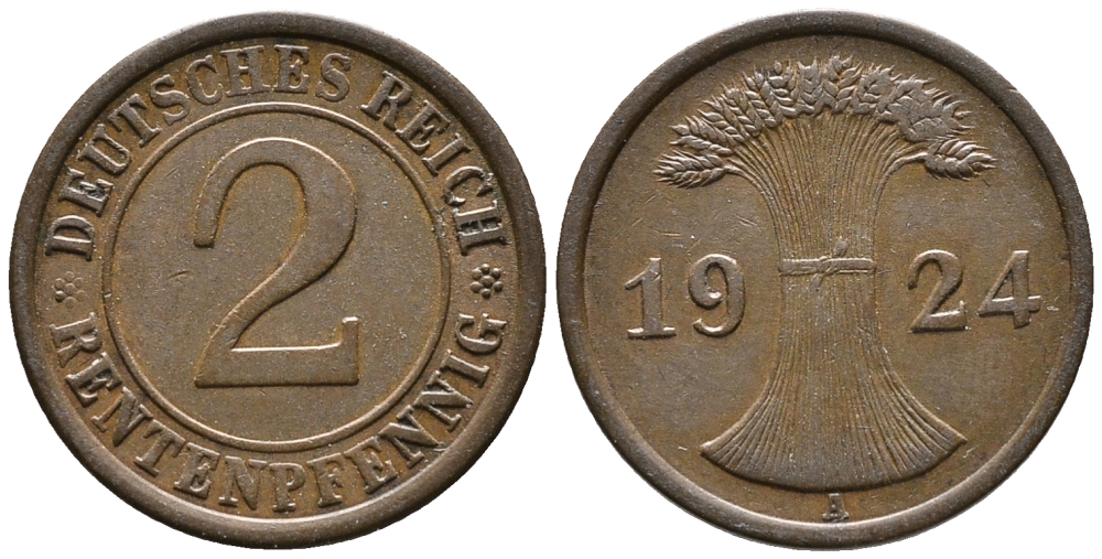 ГЕРМАНИЯ 2 РЕНТЕНПФЕННИГА 1924 A KM 31, J. 307 бронза 24-541
