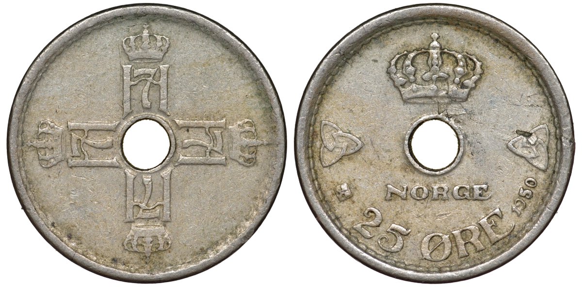 Норвегия 25 эре 1950 KM 384 медно-никель 4174-212