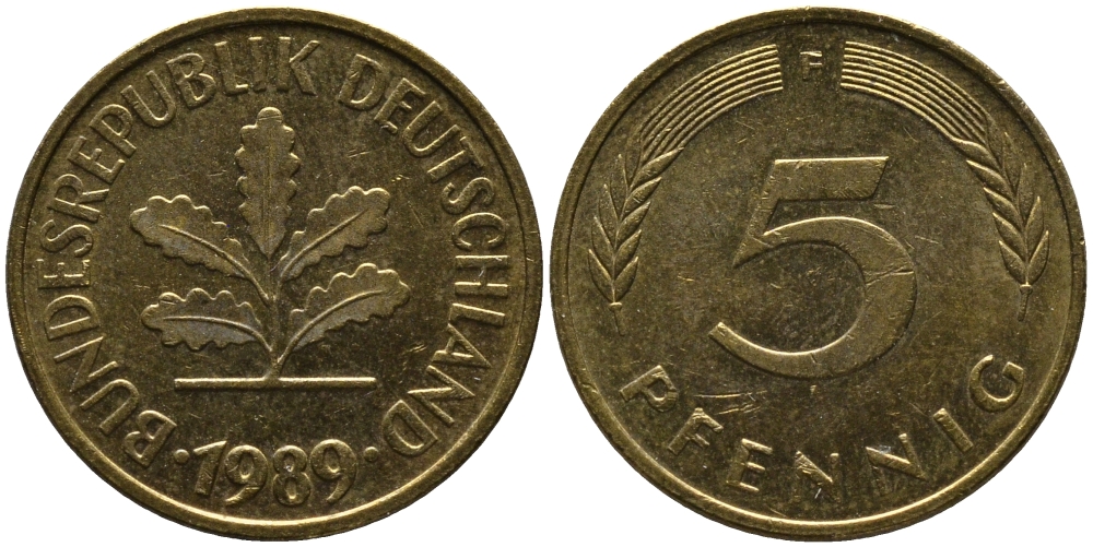 ФРГ 5 ПФЕННИГОВ 1989 F KM 107, J. 382 сталь плакированная латунью 33-223