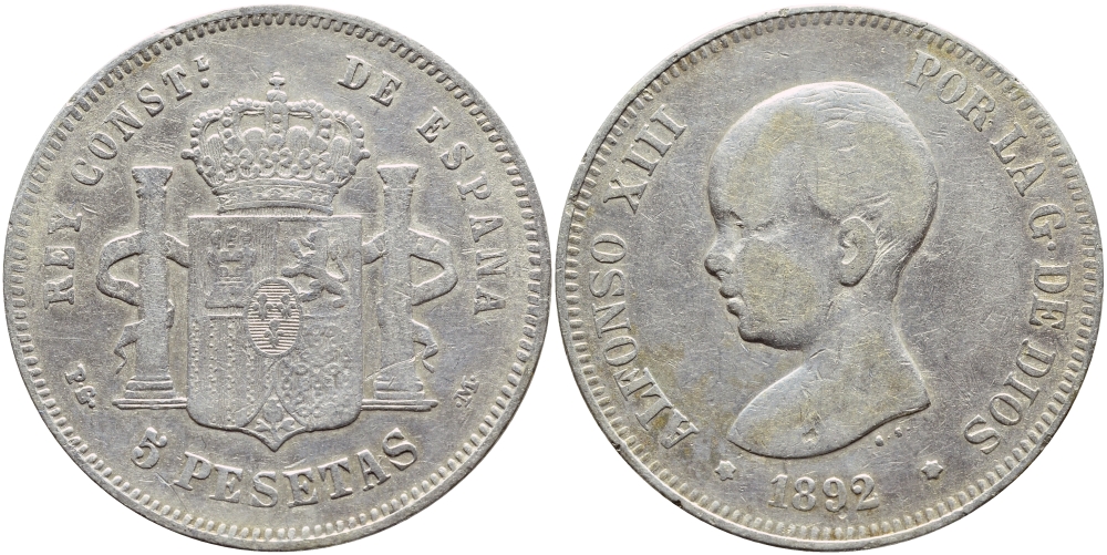 Испания 5 песет 1892 PG-M, Альфонсо XIII (1886-1931) KM 689 серебро 00-1067-1-13
