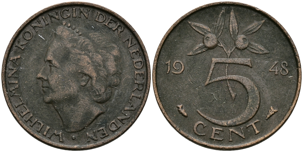 НИДЕРЛАНДЫ 5 ЦЕНТОВ 1948 ВИЛЬГЕЛЬМИНА KM 176 бронза 95-215