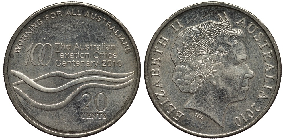 АВСТРАЛИЯ 20 ЦЕНТОВ 2010 100 ЛЕТ НАЛОГОВОМУ УПРАВЛЕНИЮ KM 1513 медно-никель 4538-245