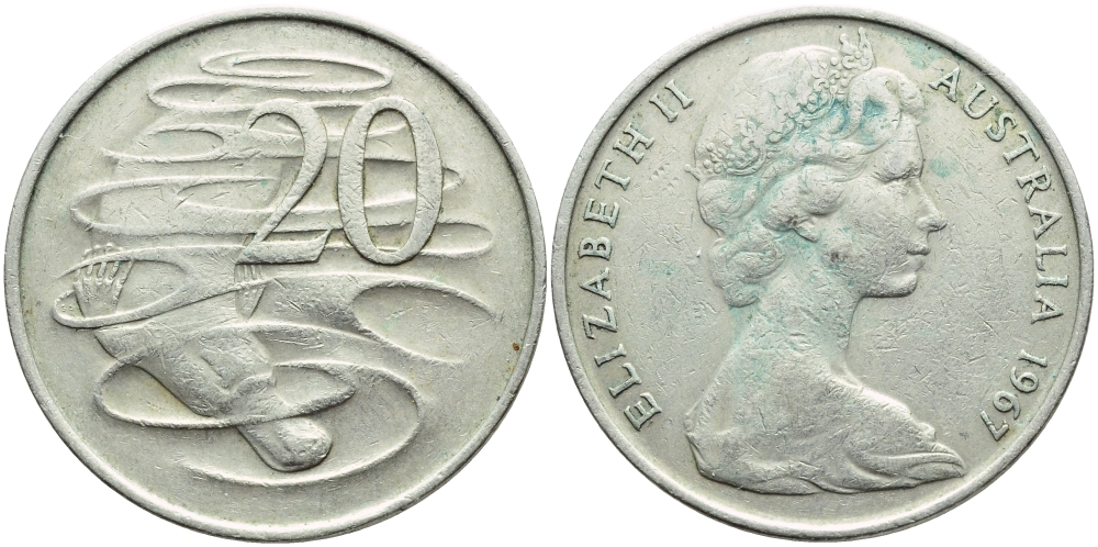 Австралия 20 центов 1967 Елизавета II (1952-2022), утконос KM 66 медно-никель 4394-524