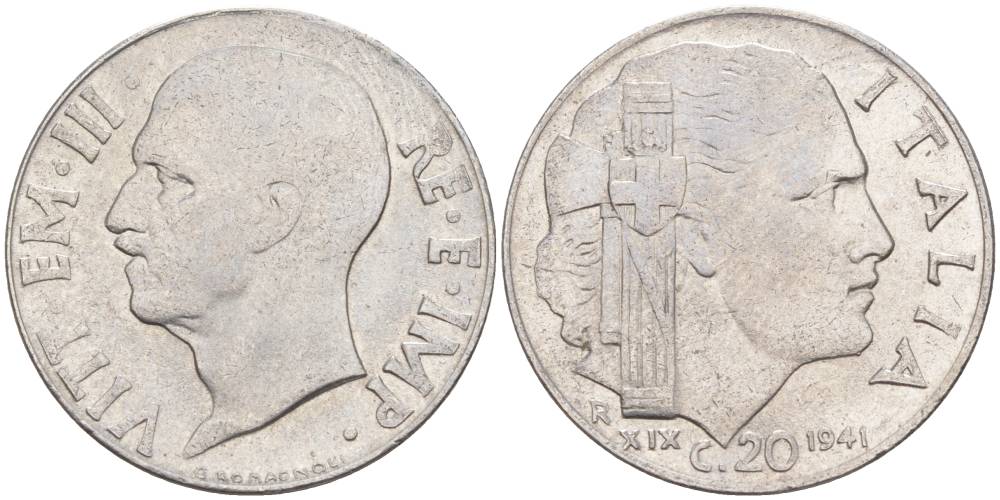 ИТАЛИЯ 20 ЧЕНТЕЗИМО 1941 R, ГОД XIX, ВИКТОР ЭММАНУИЛ III (1900-1946) KM 75b, VEM3. 1028 нержавеющая сталь 3853-1111