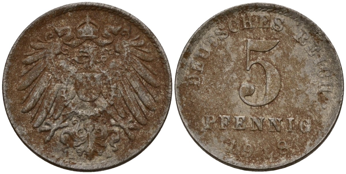 Германия 5 пфеннигов 1918 A KM 19, J. 297 железо плакированная цинком 4189-833