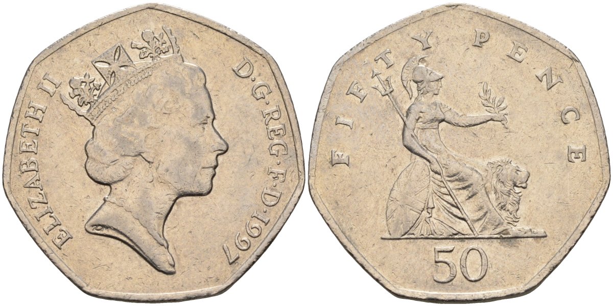 Великобритания 50 пенсов 1997 Елизавета II (1952-2022) KM 940.2, Spink 4351 (H7) медно-никель 4583-1244