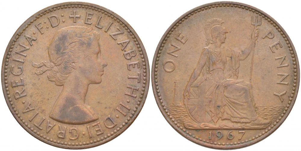 Великобритания 1 пенни 1967 Елизавета II (1952-2022) KM 897, Spink 4157 бронза 215-344
