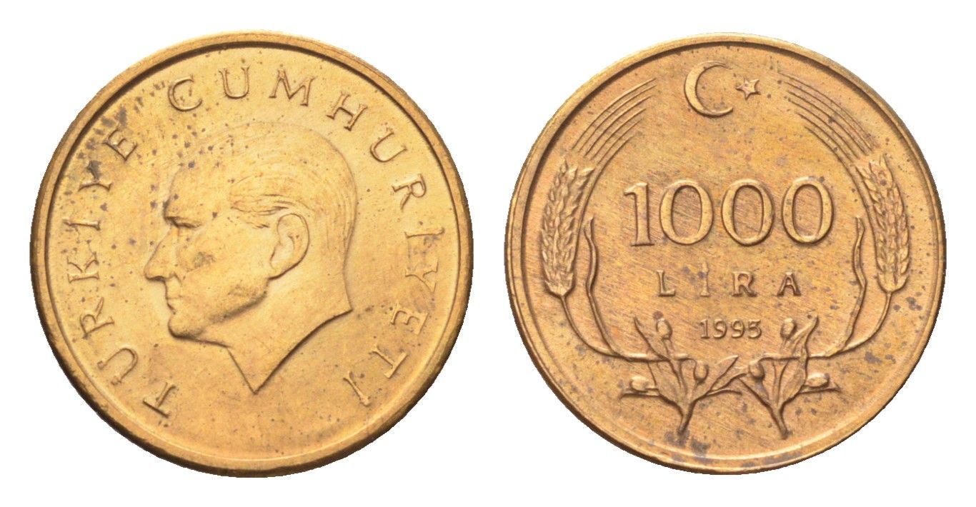 Турция 1000 лир 1995 Кемаль Ататюрк KM 1028 латунь плакированная бронзой UNC 4705-958