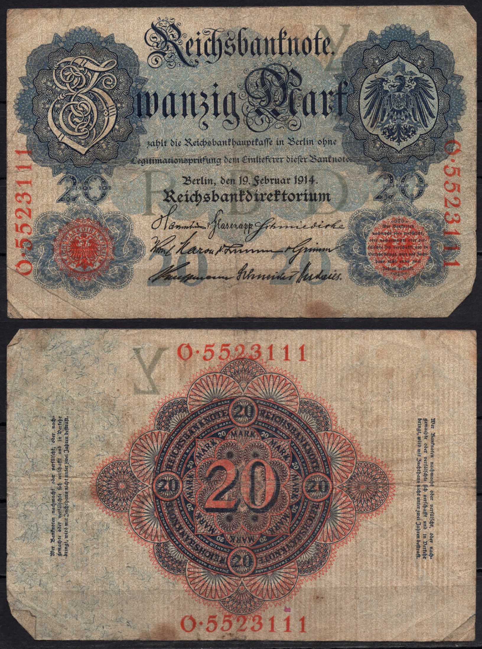 Германия 20 марок 1914 Pick 46b бумага 8592-45-2-1