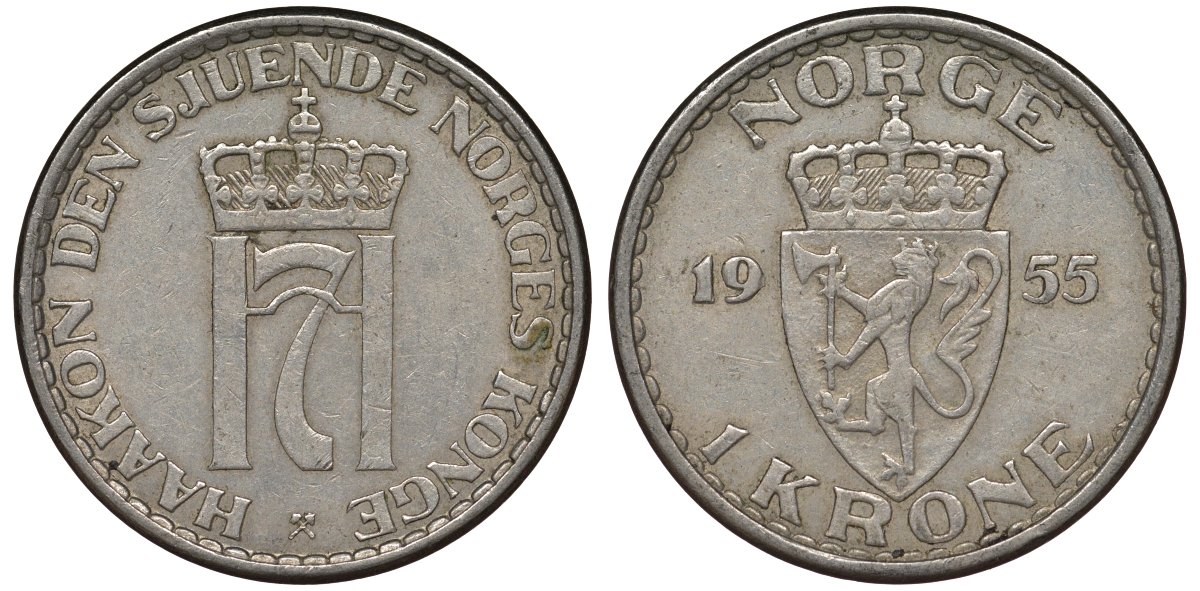 Норвегия 1 крона 1955 Хокон VII (1905-1957) KM 397 медно-никель 4128-1215