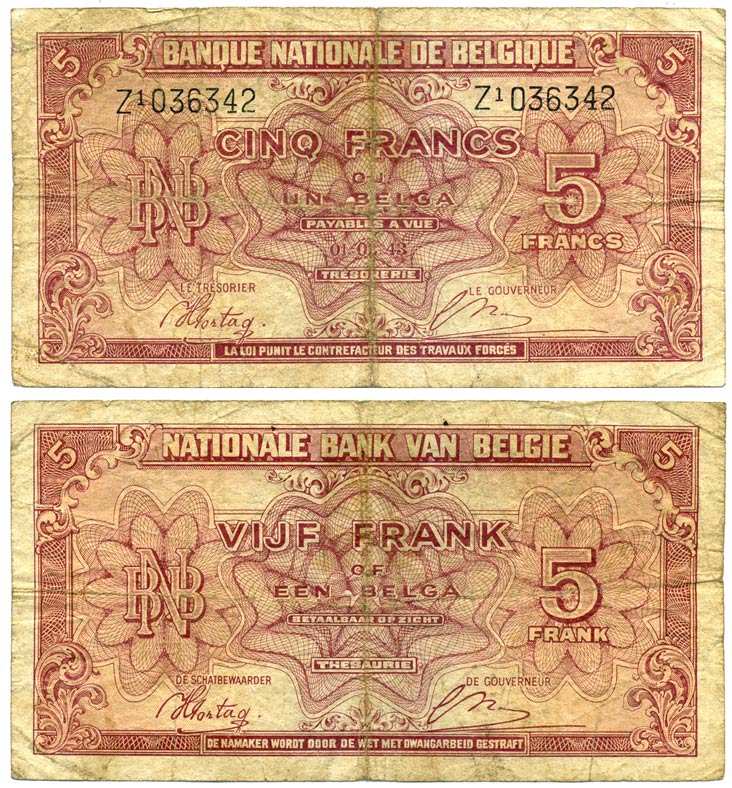 БЕЛЬГИЯ 5 ФРАНКОВ - 1 БЕЛГА 1943 (1944) 1 МАРТА 1943 Pick 121 бумага 6262-50-1-1