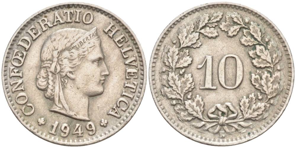 ШВЕЙЦАРИЯ 10 РАППЕНОВ 1949 В KM 27 медно-никель 206-269