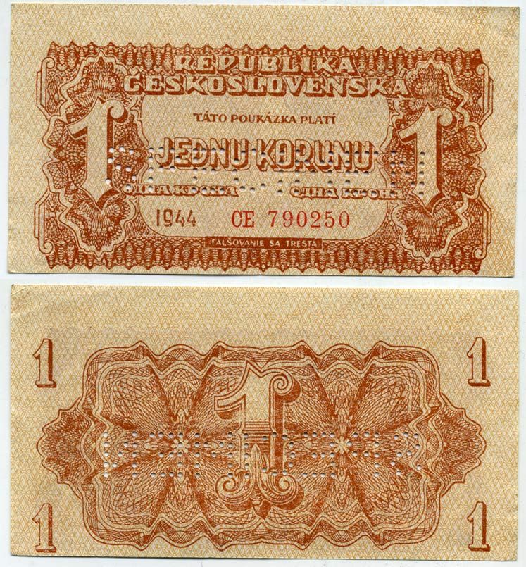 ЧЕХОСЛОВАКИЯ 1 КРОНА 1944 ПЕРФОРАЦИЯ, SPESIMEN Pick 45s бумага 00-00-00