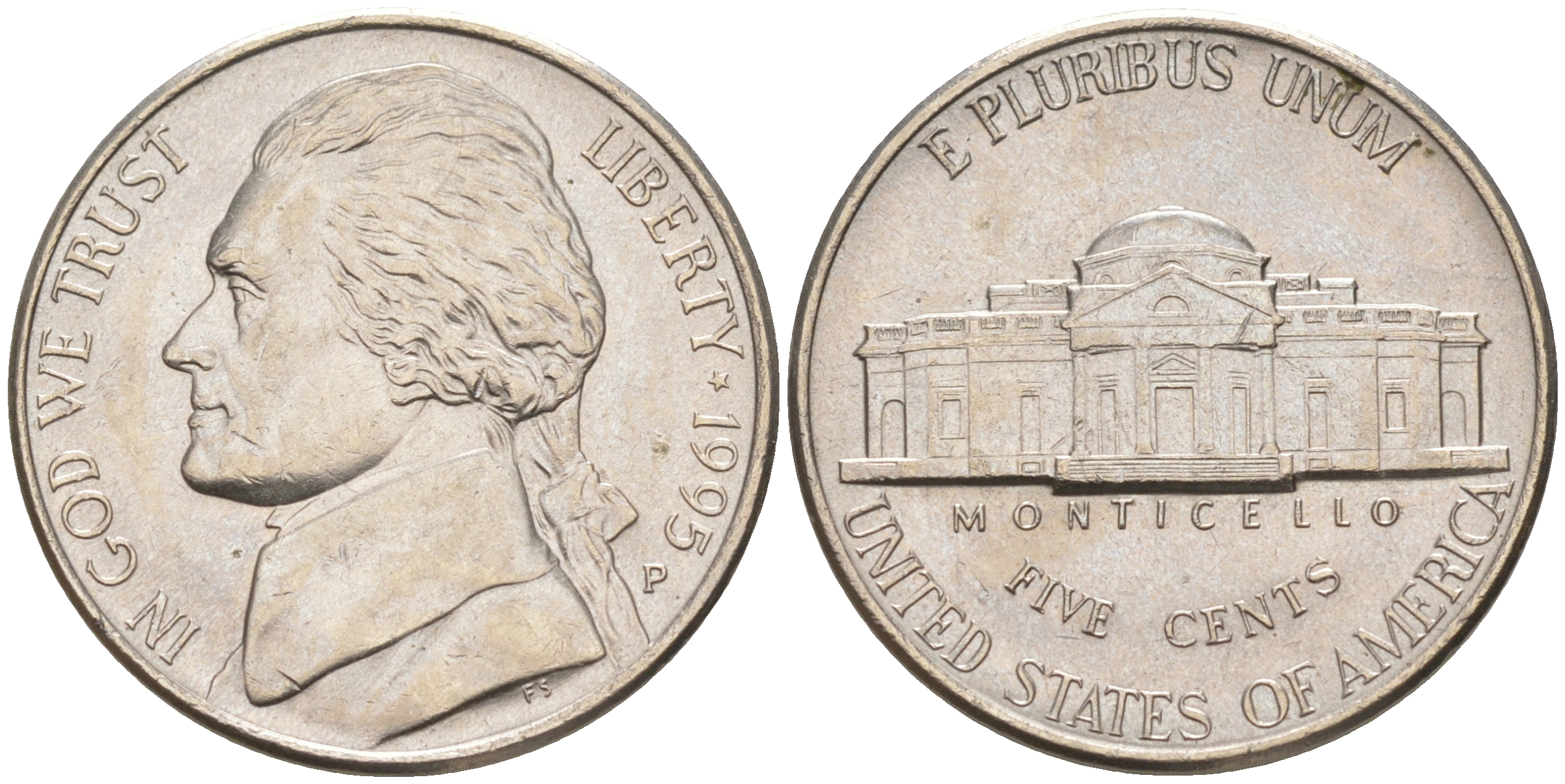 США 5 ЦЕНТОВ 1995 D, ДЖЕФФЕРСОН KM A192 медно-никель 190-142