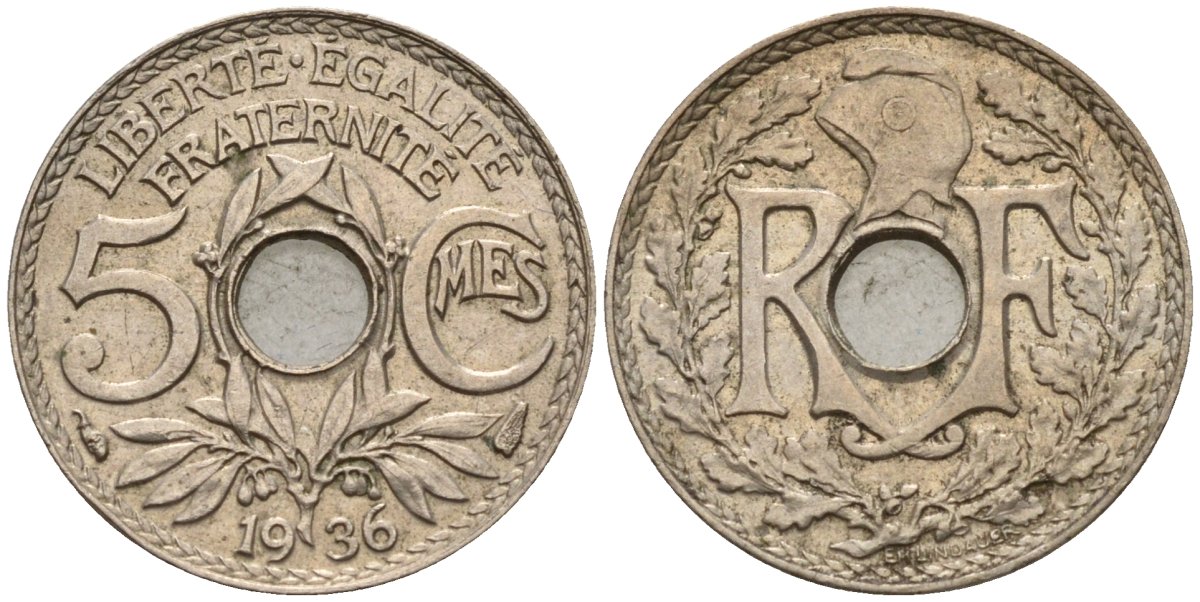 Франция 5 сантимов 1936 KM 875 медно-никель 4596-637