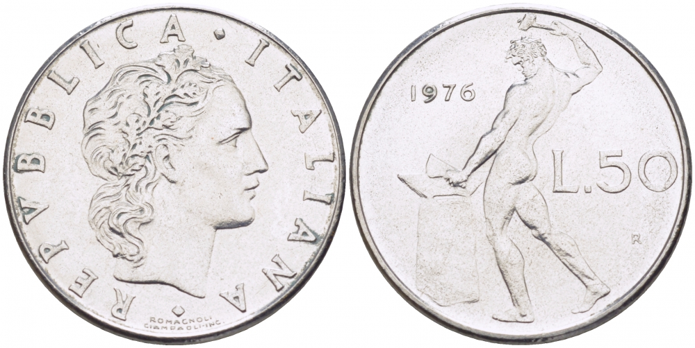 ИТАЛИЯ 50 ЛИР 1976 R КУЗНЕЦ KM 95.1 сталь 3718-427