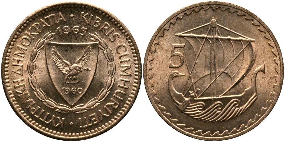 Кипр 5 милсов 1963 парусник KM 39 бронза aUNC 33-751