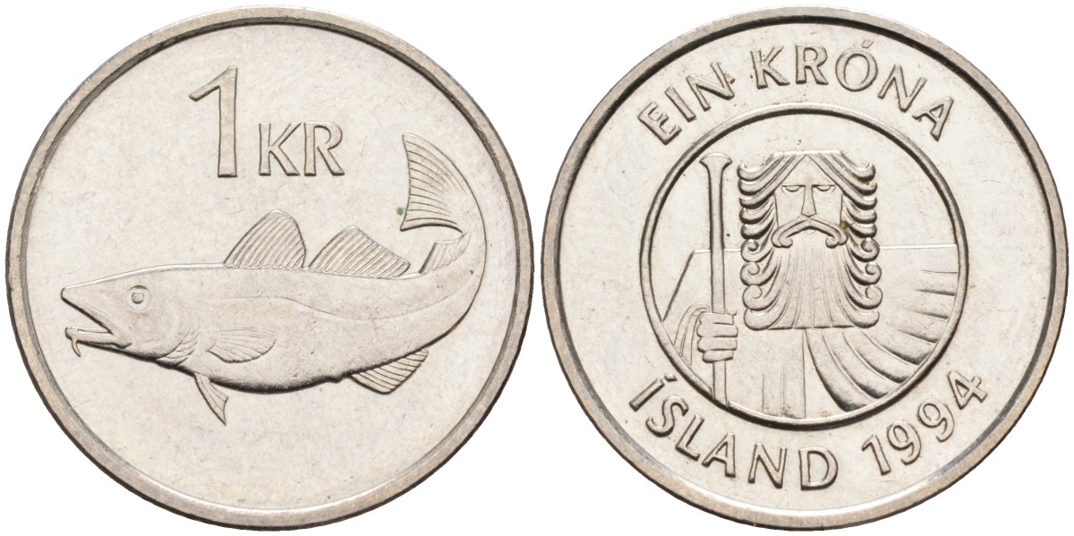 Исландия 1 крона 1994 треска KM 27а сталь плакированная никелем 4591-517