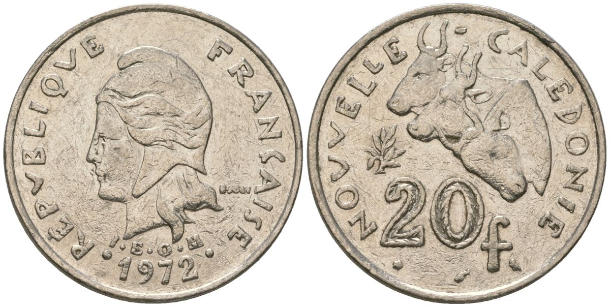 Французская Новая Каледония 20 франков 1972 три быка, (IEOM) KM 12, Schoen 14, Lec 106 никель 4120-346