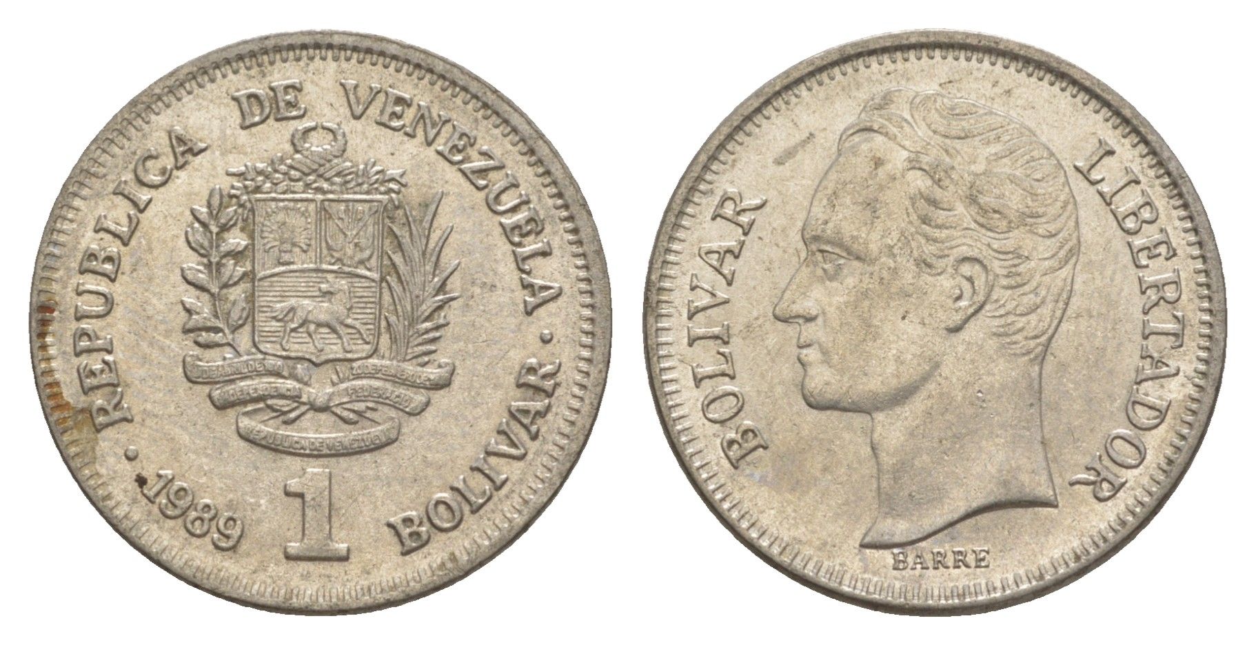 Венесуэла 1 боливар 1989 Симон Боливар, тонкий шрифт Y 52a.1 сталь плакированная никелем 4589-945