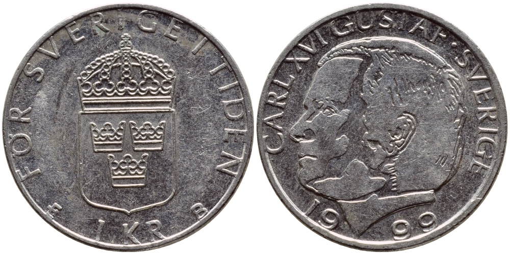 Швеция 1 крона 1999 Карл XVI Густав (1973- ) KM 852a медно-никель 89-441