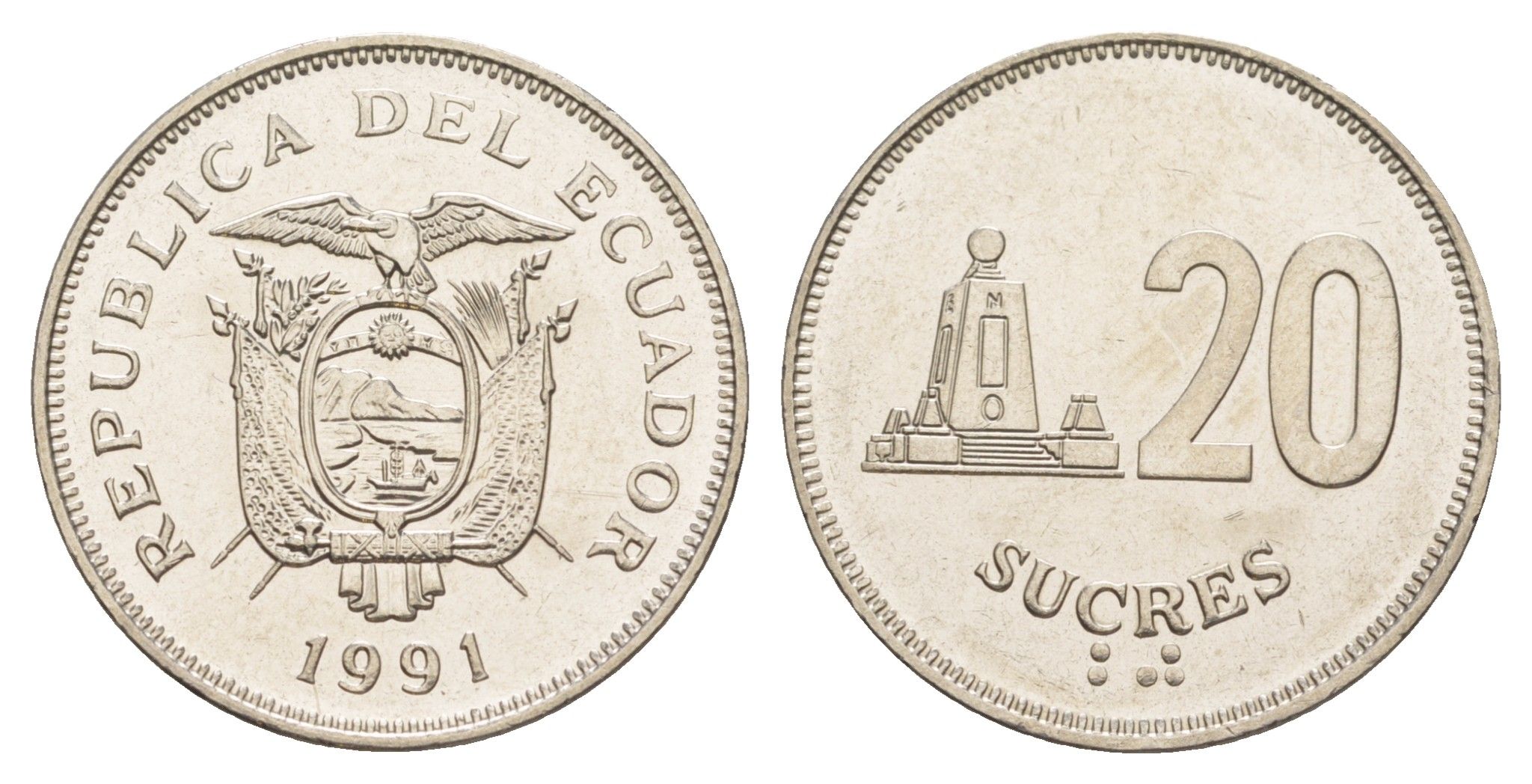 Эквадор 20 сукре 1991 KM 94.2 сталь плакированная никелем UNC 4641-725