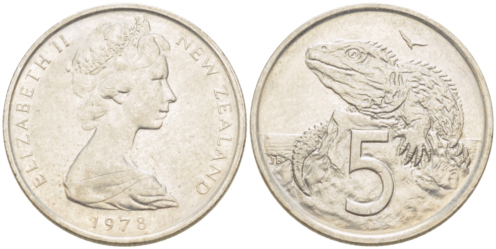 Новая Зеландия 5 центов 1978 Елизавета II (1952-2022), ящерица гаттерия KM 34.1 медно-никель 214-852