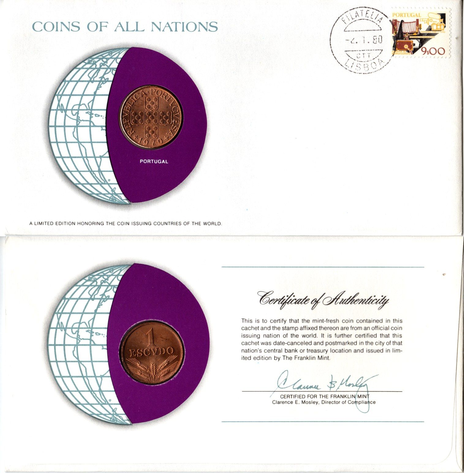 Португалия 1 эскудо 1979 конверт с маркой первого дня гашения, Coins of Nations KM 597 бронза UNC 4295-22-2