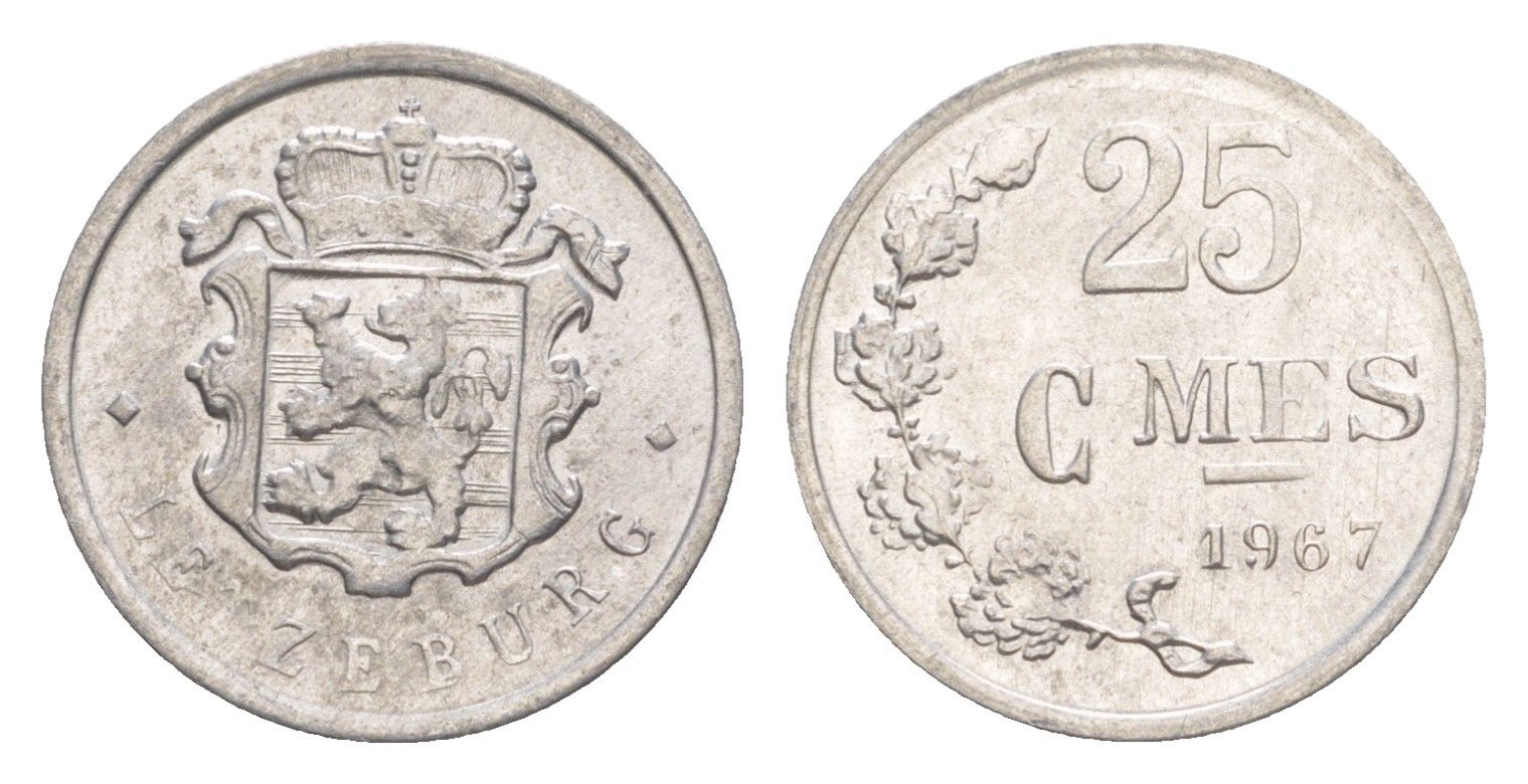 Люксембург 25 сантимов 1967 Герцог Жан (1964-1999) KM 45a алюминий 4643-524