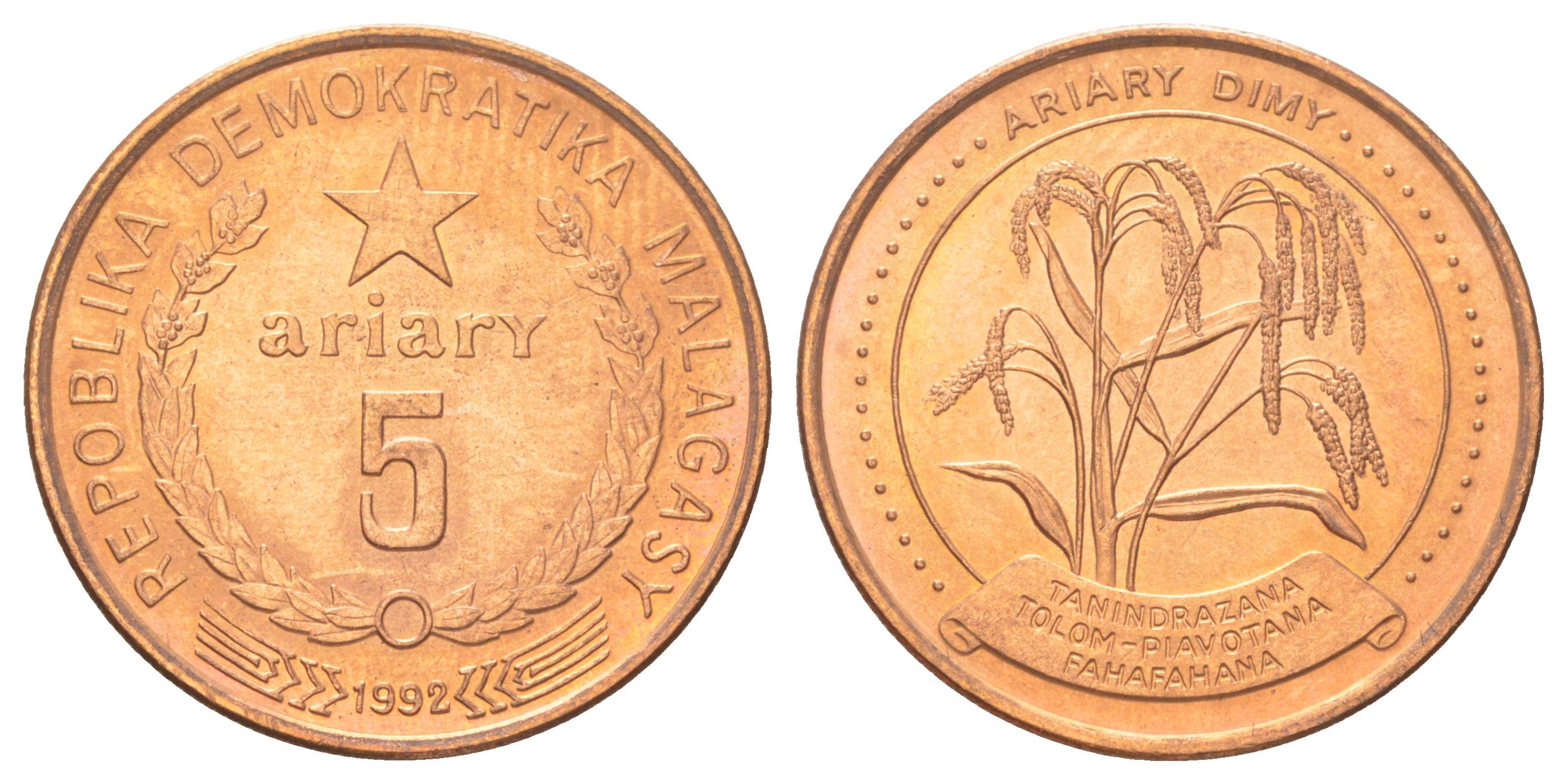 Мадагаскар 5 ариари 1992 KM 17 сталь плакированная медью UNC 4624-552