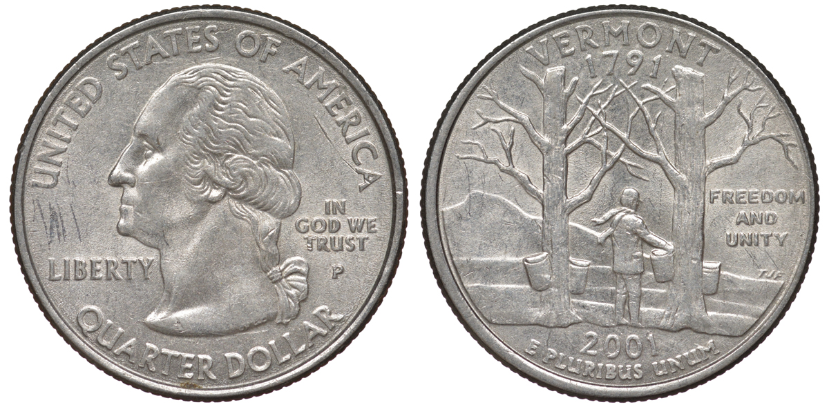США 25 центов = квотер 2001 Р, серия штаты США, Вермонт KM 321 медь плакированная медно-никелем 4538-1013