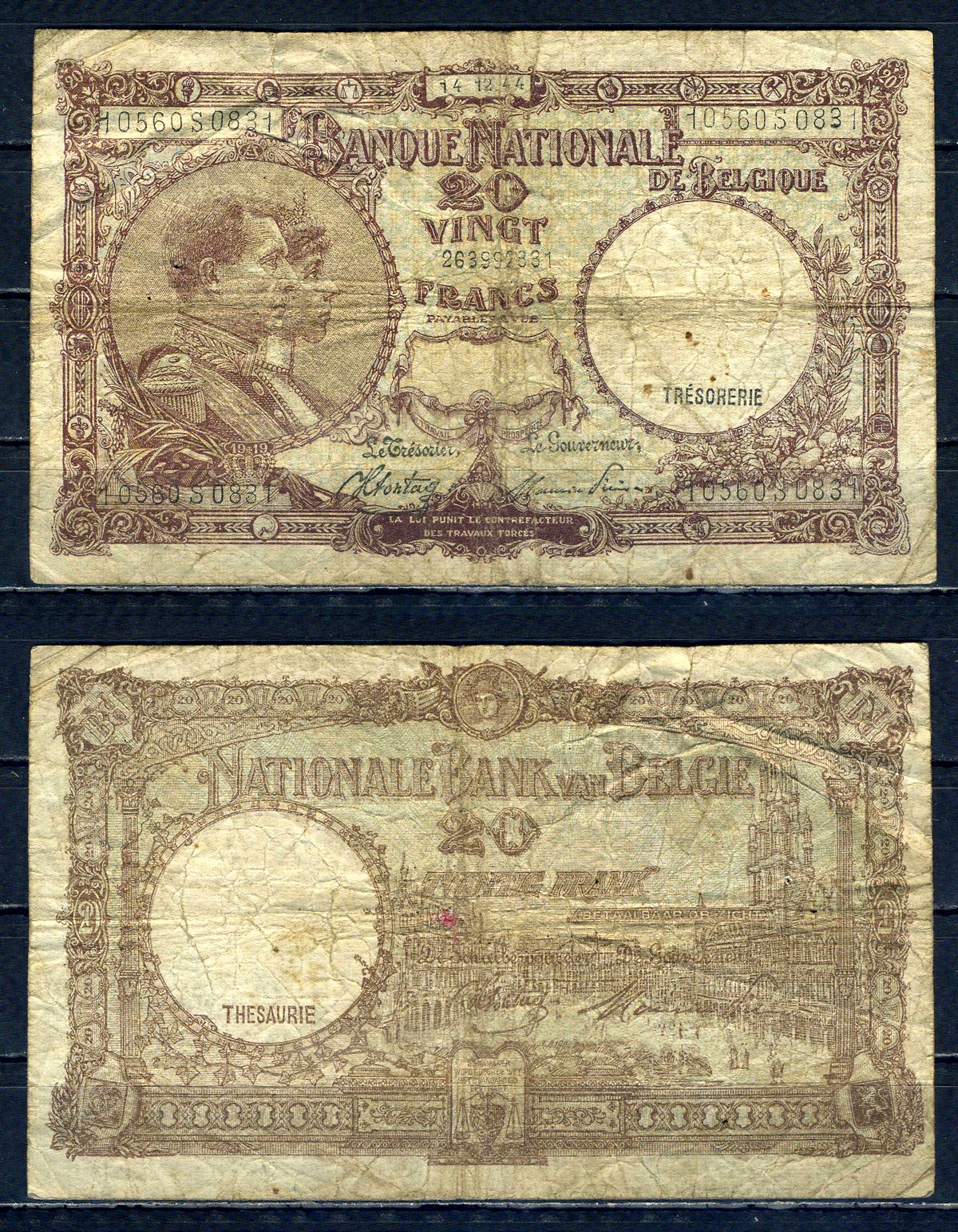 Бельгия 20 франков 1944 14.12.1944, Король Альберт I и его жена Королева Елизавета, Гран-Плас / Гроте Маркт, Брюссель Pick 111 (3) бумага 6301-10-2-2