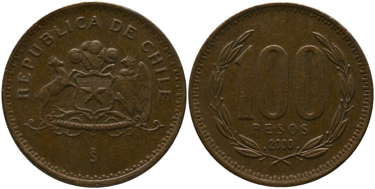 Чили 100 песо 2000 So KM 226.2, Schon 71 алюминиевая бронза 4388-336