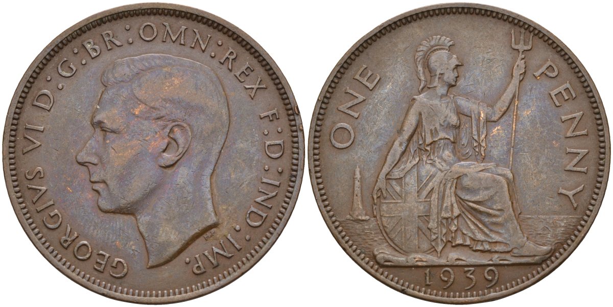 Великобритания 1 пенни 1939 Георг VI (1936-1952) KM 845, Spink 4114 бронза 4144-523