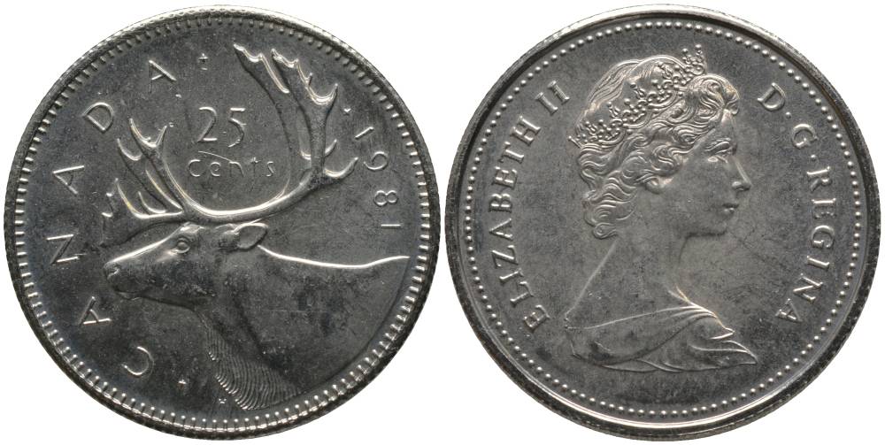 Канада 25 центов 1981 Елизавета II (1952-2022), олень KM 74 никель PROOFLIKE 181-326