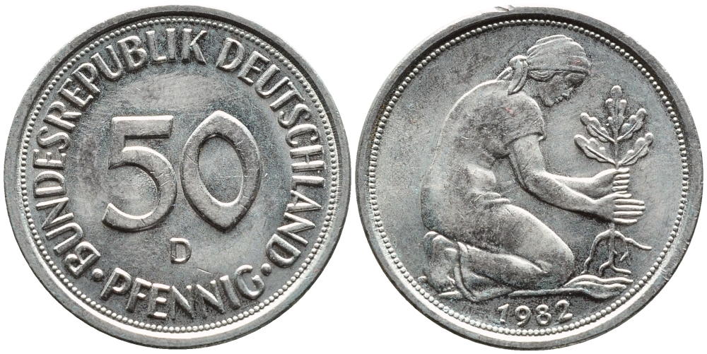 ФРГ 50 ПФЕННИГОВ 1982 D KM 108 сталь плакированная латунью 73-213