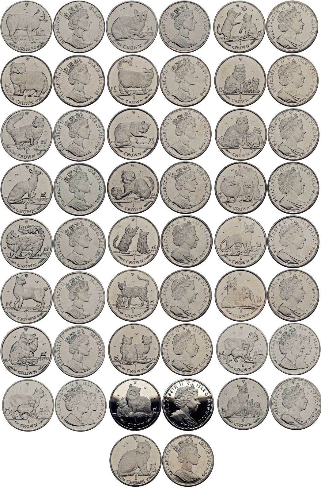 Остров Мэн коллекция из 25 монет по 1 кроне 1988-2014 кошки Мэна (нет 2006 и 2008) медно-никель UNC M96-01