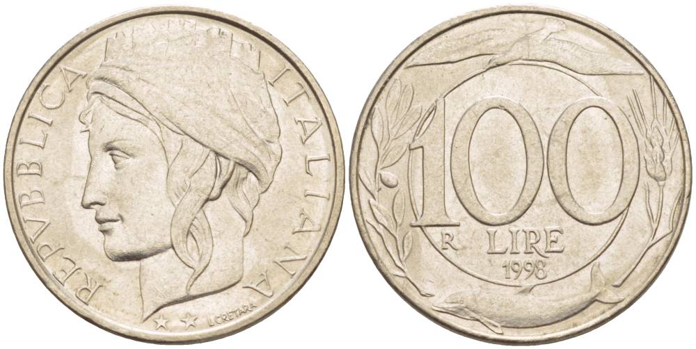 ИТАЛИЯ 100 ЛИР 1998 R KM 159 медно-никель 4551-447