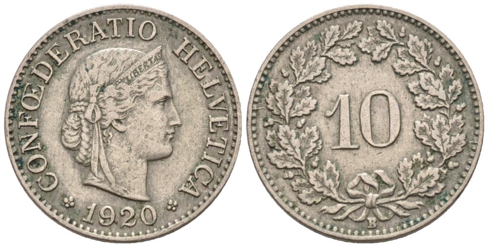Швейцария 10 раппенов 1920 В KM 27 медно-никель 4576-938