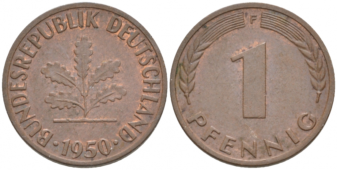 ФРГ 1 ПФЕННИГ 1950 F KM 105, J.380 сталь плакированная медью 44-137