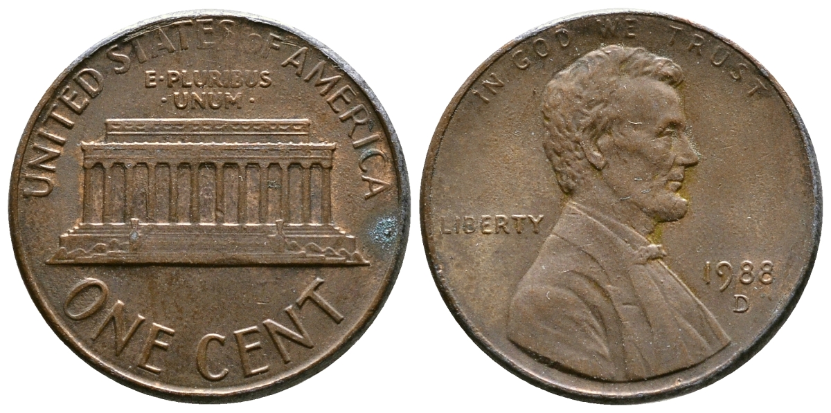 США 1 цент 1988 D, Линкольн KM 201b цинк плакированный медью    4608-422