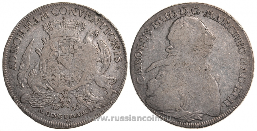 Баден 1 талер 1765 S W, Карл Фридрих KM 108, Dav. 1933 серебро 00-814-49