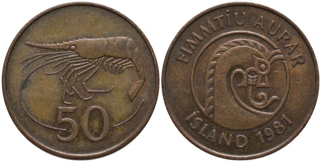 Исландия 50 эйре 1981 креветка KM 26 бронза 181-633