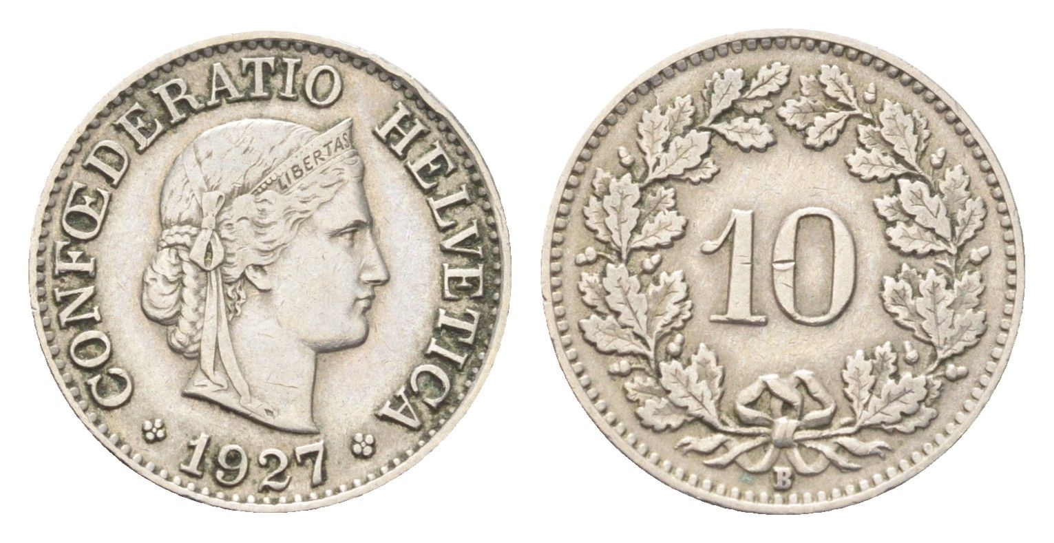 Швейцария 10 раппенов 1927 B KM 27 медно-никель 4708-142